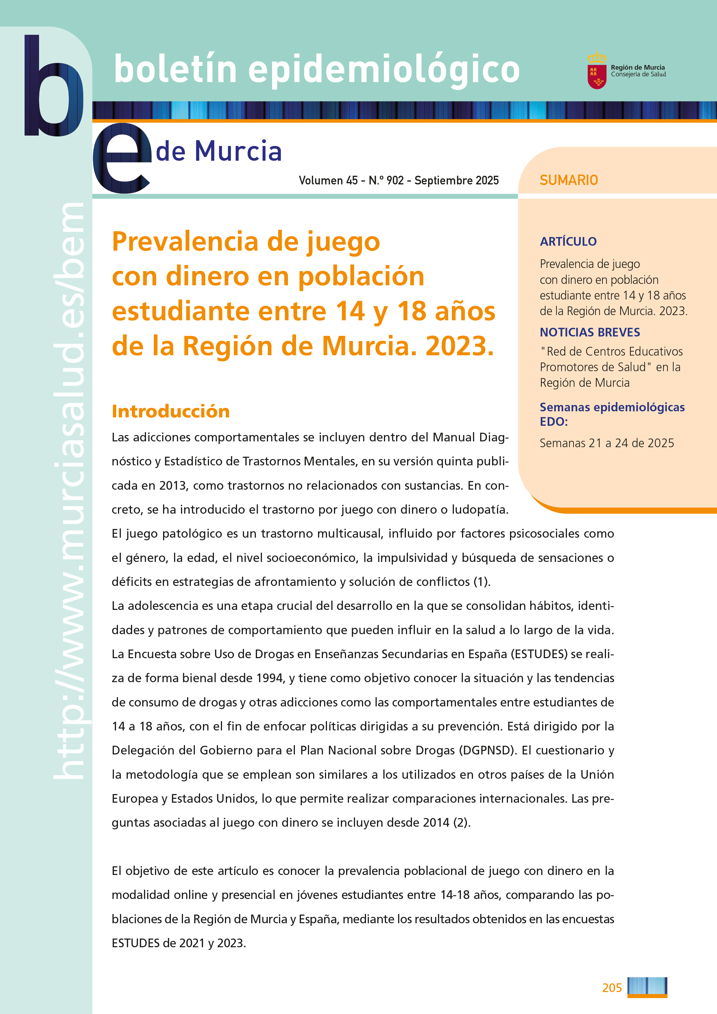 Prevalencia de juego con dinero en poblaci�n estudiante entre 14 y 18 a�os de la Regi�n de Murcia. 2023